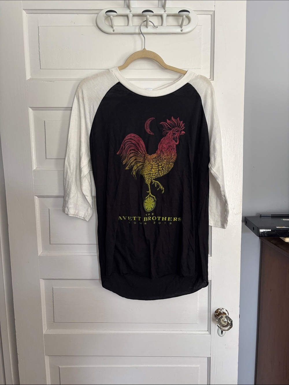2015 Avett Brothers Black & White Raglan Tee with Colorful Rooster Graphic
